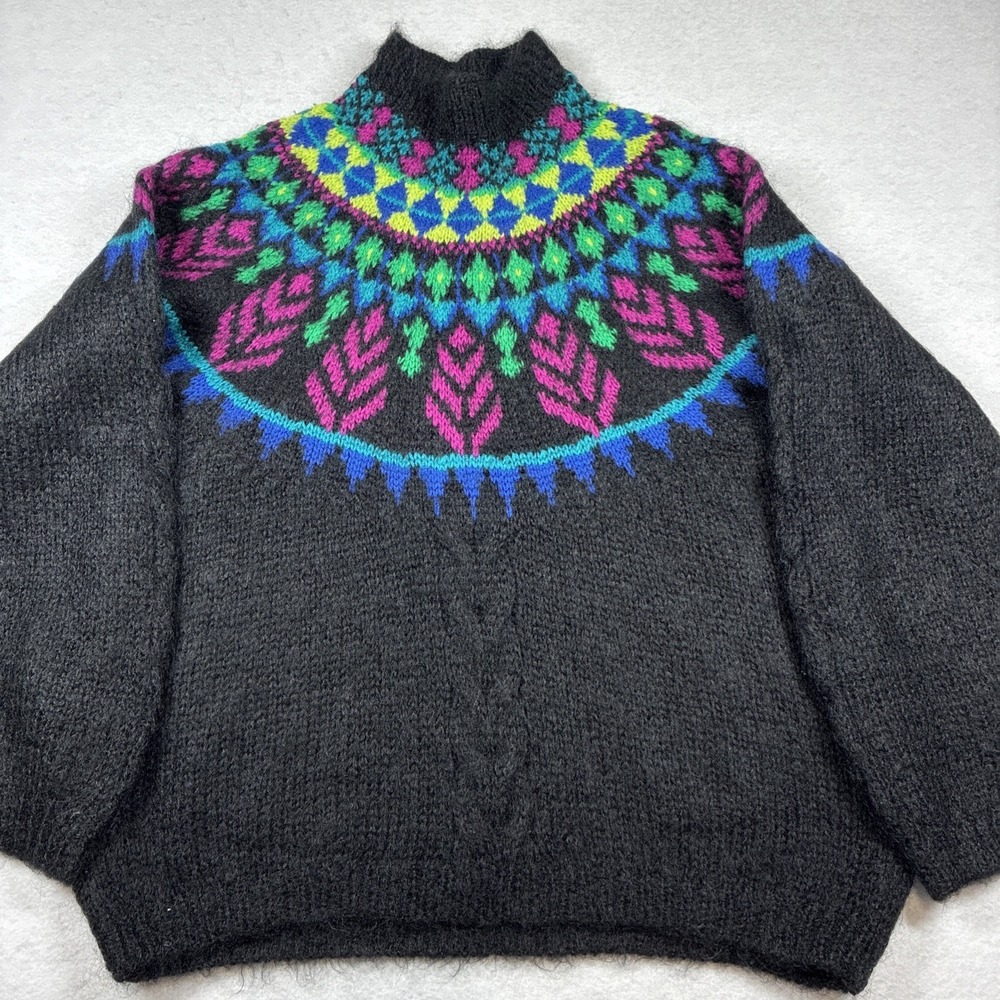 Vintage Forenza Sweater Women Medium Black Mohair Fair‎ Isle Nordic Icelandic
